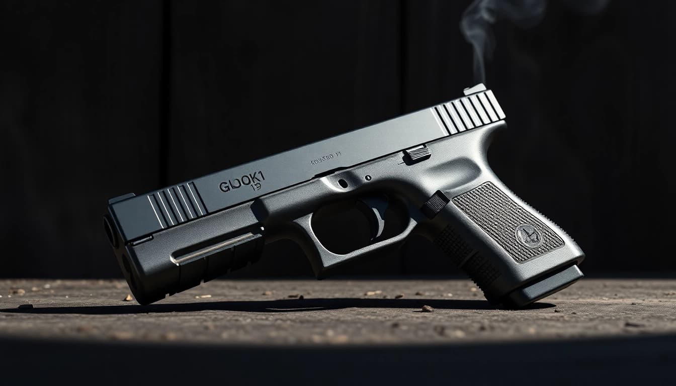 Showcasing detailed glock 19 slides against a dark wood backdrop with metallic finish.