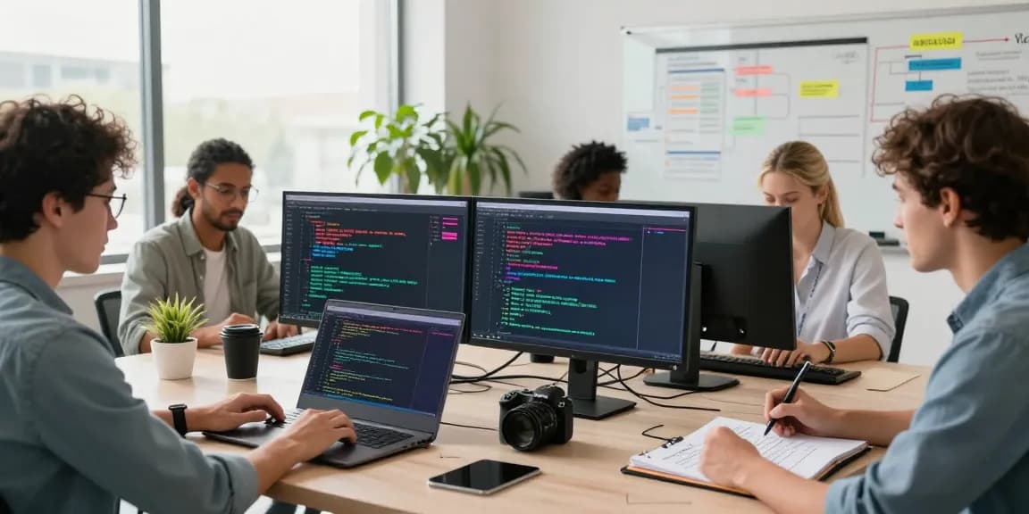 Team at work in dynamic technology environment featuring coding, brainstorming, and collaboration at https://www.bdtjl.app/