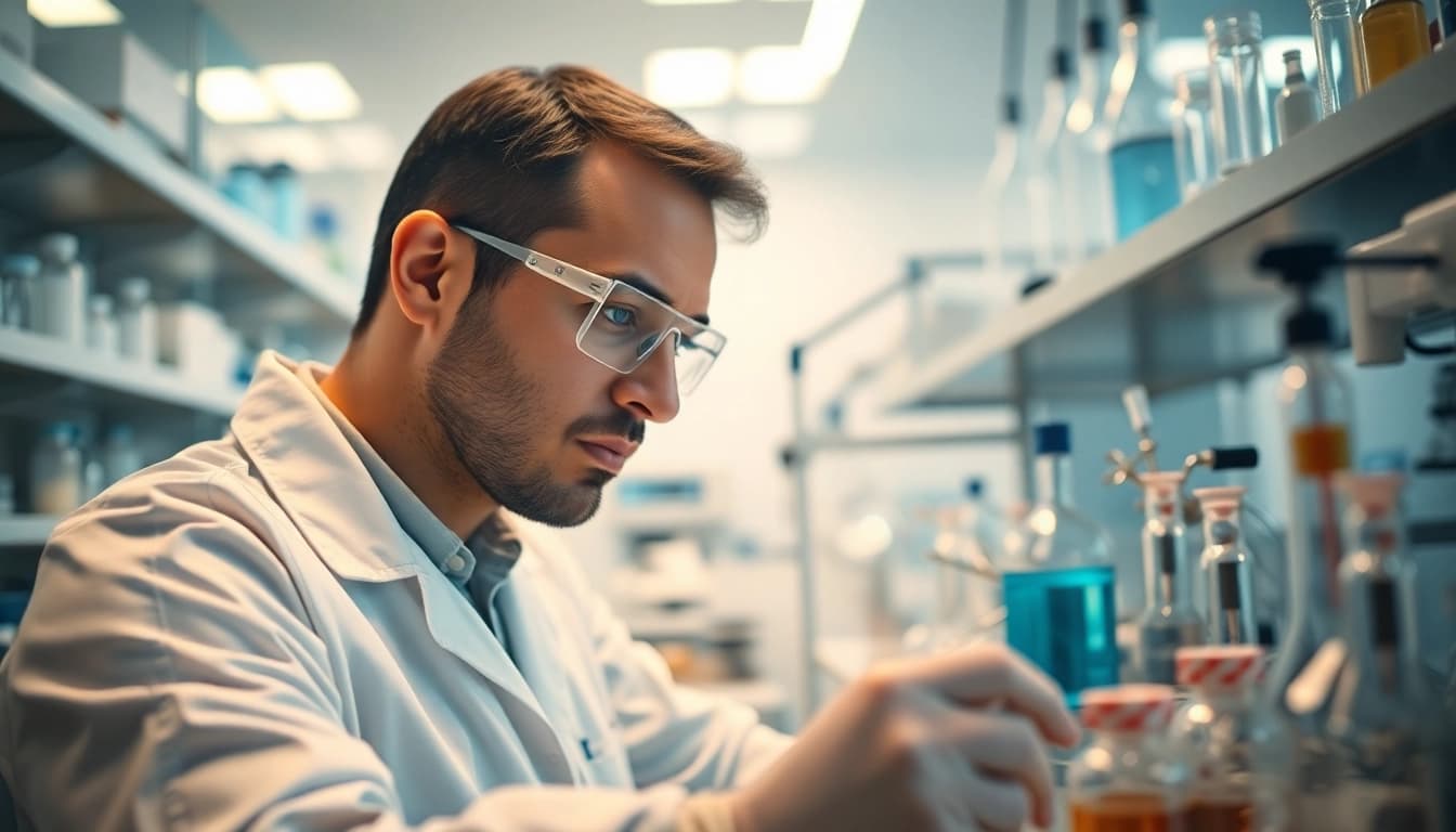 Explore glp-3rt research with a focused scientist conducting peptide synthesis in the lab.