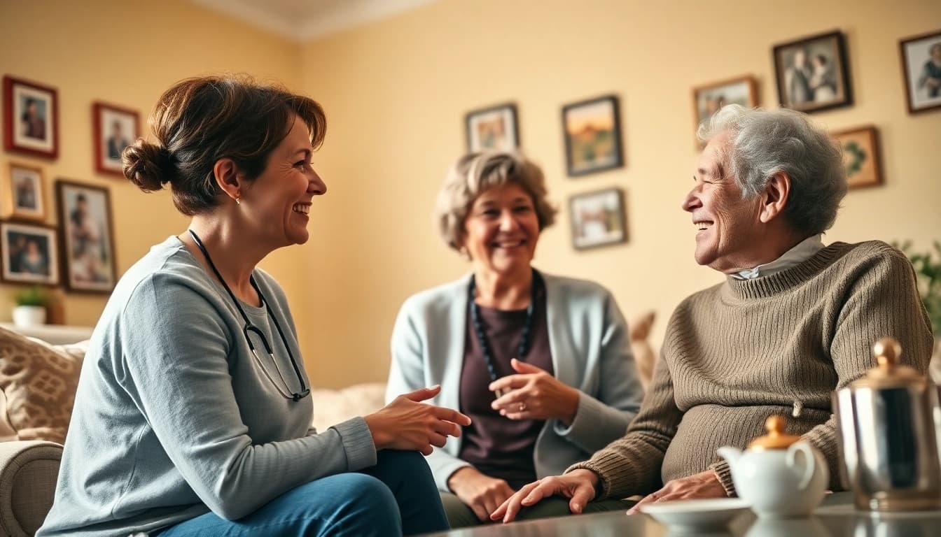 Caregiver provides social care for seniors at home, fostering connection and comfort.