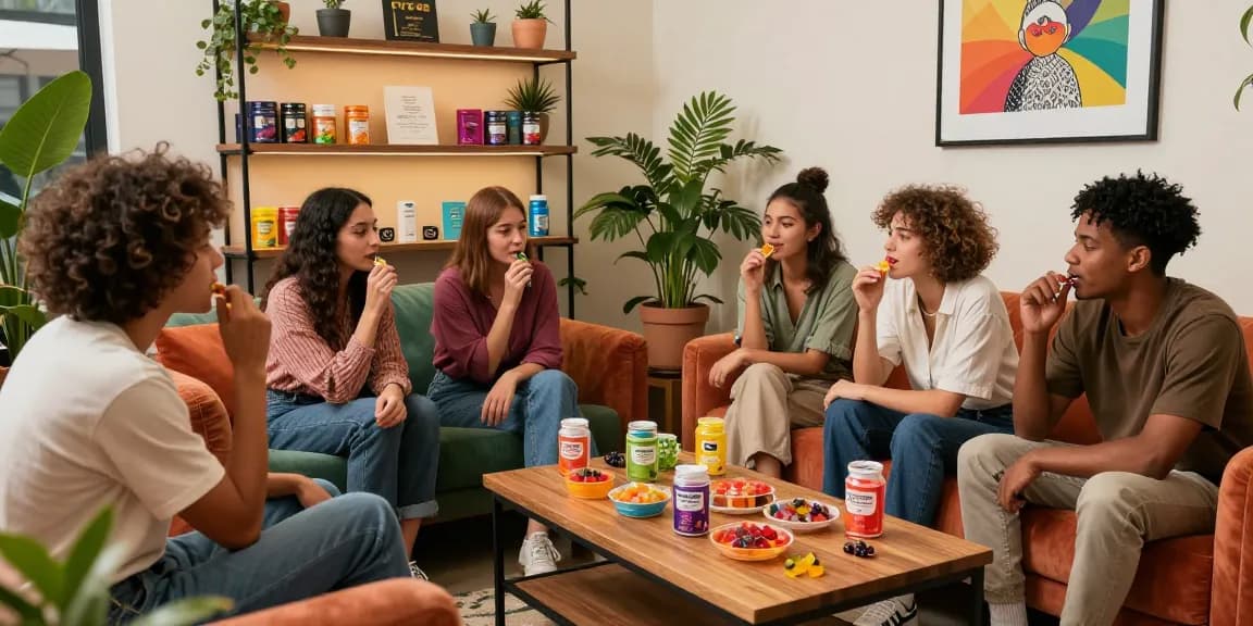 Friends savoring thc gummies together in a stylish cannabis lounge, colorful ambiance enhancing their experience.