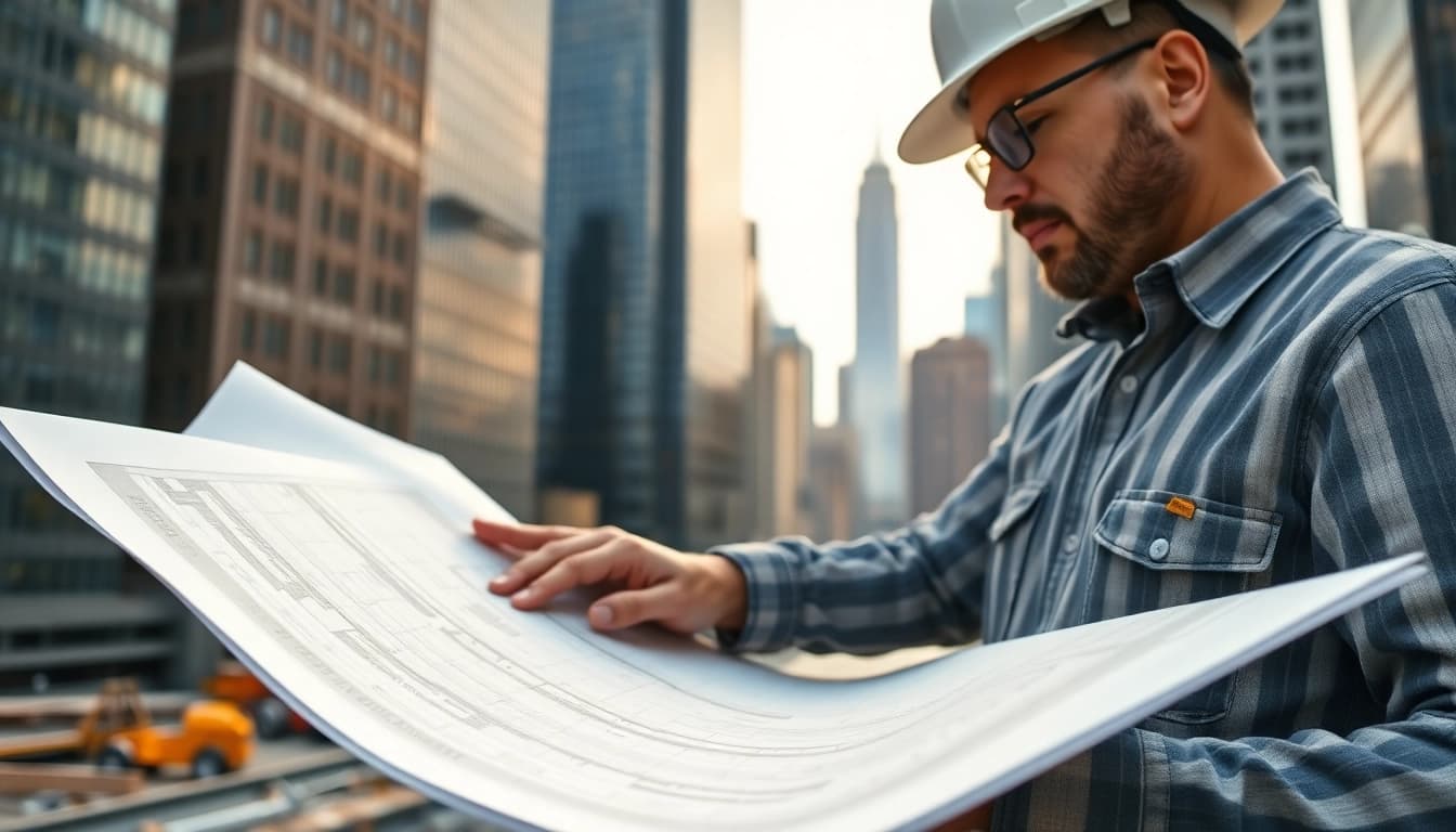 New York construction manager analyzing project blueprints at a busy construction site.