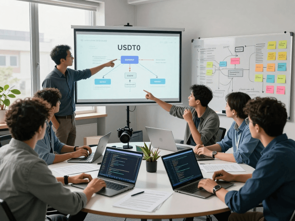 Team discussing USDT0 technology developments in a collaborative office setting.