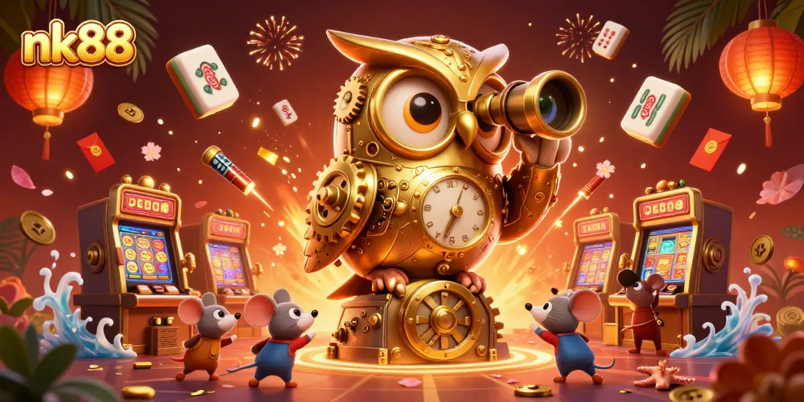 Experience the vibrant energy of nk88 with a whimsical casino scene featuring a golden owl and cute mice.