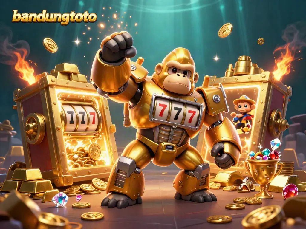 Experience the excitement at bandungtoto with a golden gorilla mech surrounded by treasures and jackpot symbols!