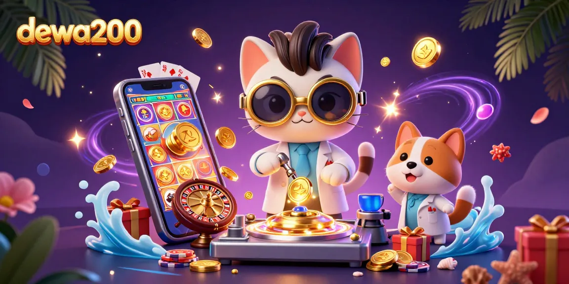Visualisasi permainan kasino dewa200 dengan karakter ilmuwan kucing dan penerang detail.