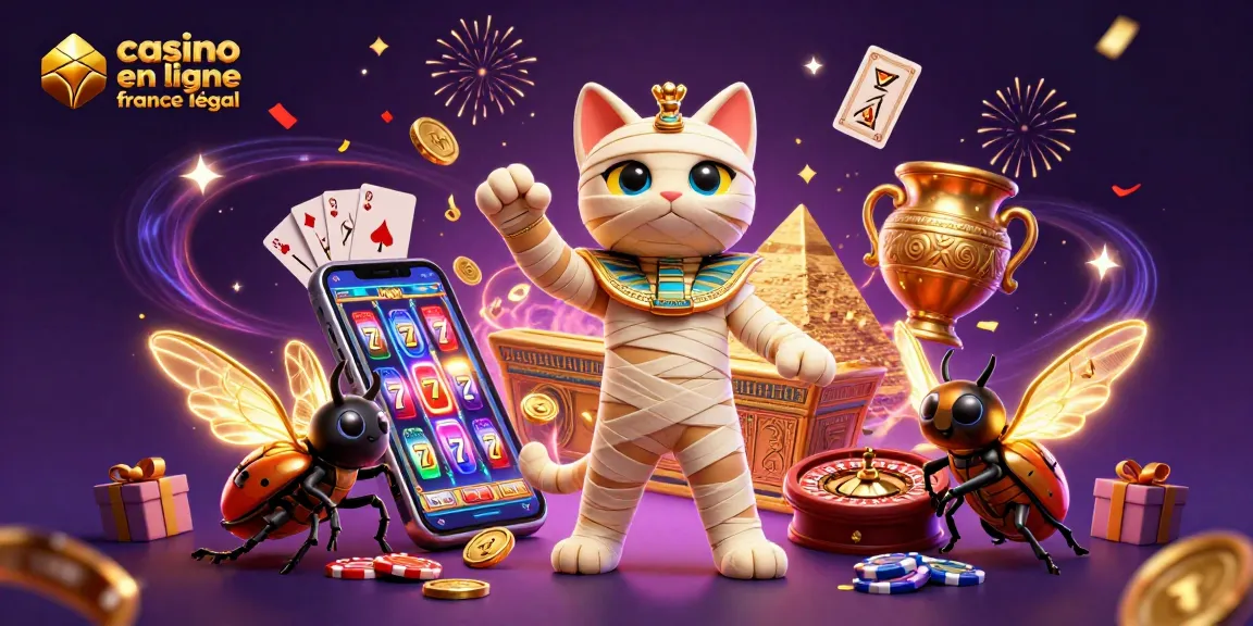 Le casino en ligne légal en France avec un chat momie égyptien et un scarabée doré, illustrant les jeux de casino.
