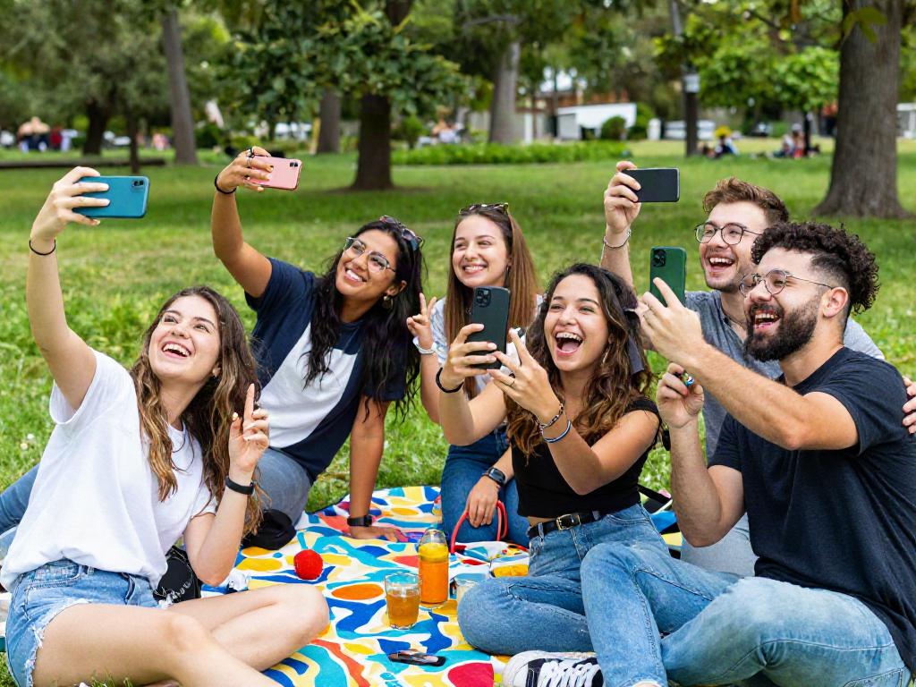 Friends enjoying an outdoors attractiveness test, capturing joyful moments and selfies.