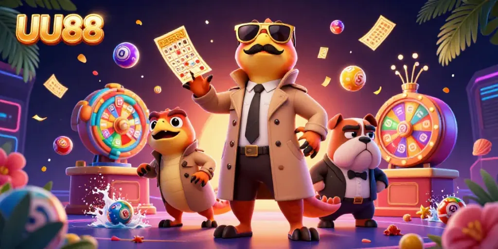 Experience the thrill of UU88 with raptors in a trench coat entering a VIP casino lounge filled with vibrant gaming elements.