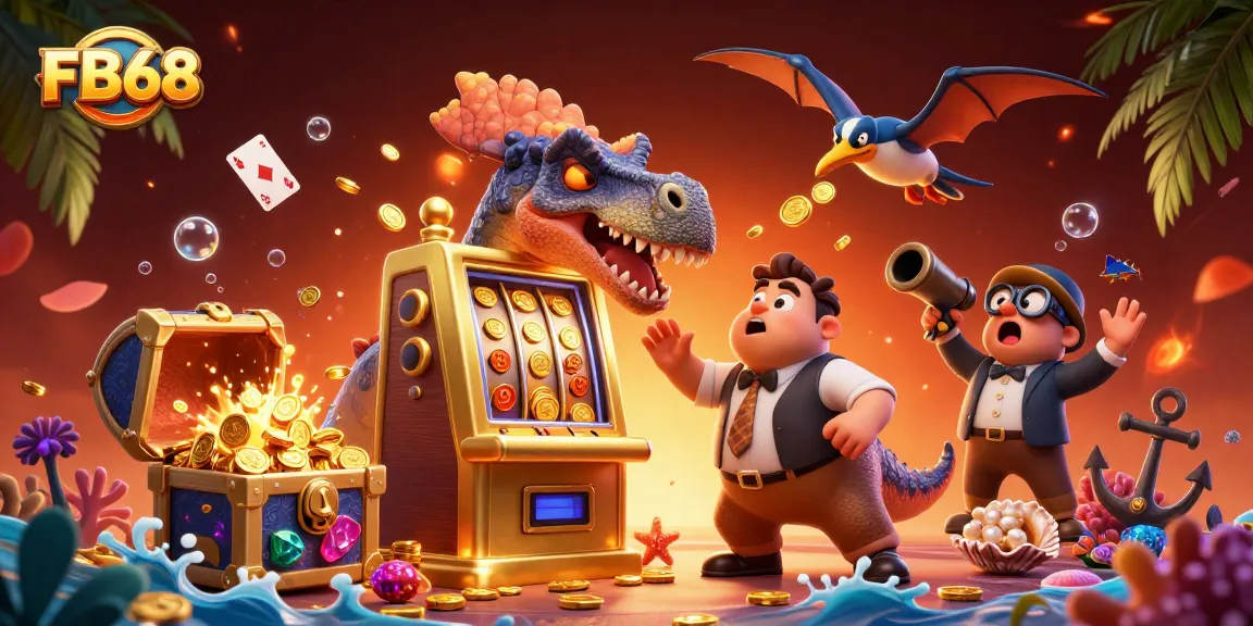 Experience the thrill at FB68 with a cartoon dinosaur celebrating jackpot wins among colorful casino elements.