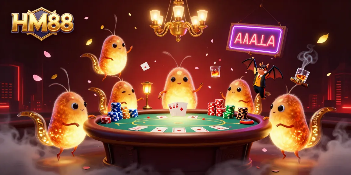 HM88 casino scene with glowworms lighting a poker table, featuring chips and cards.