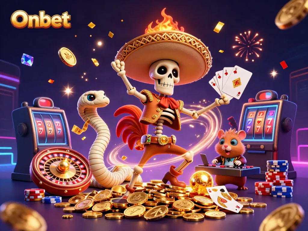 Experience thrilling moments at Onbet with vibrant characters and casino action in a festive atmosphere.