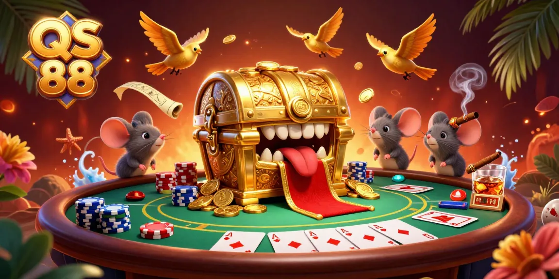 Experience the thrilling adventure at QS 88 with treasure-luring characters in a vibrant casino scene.