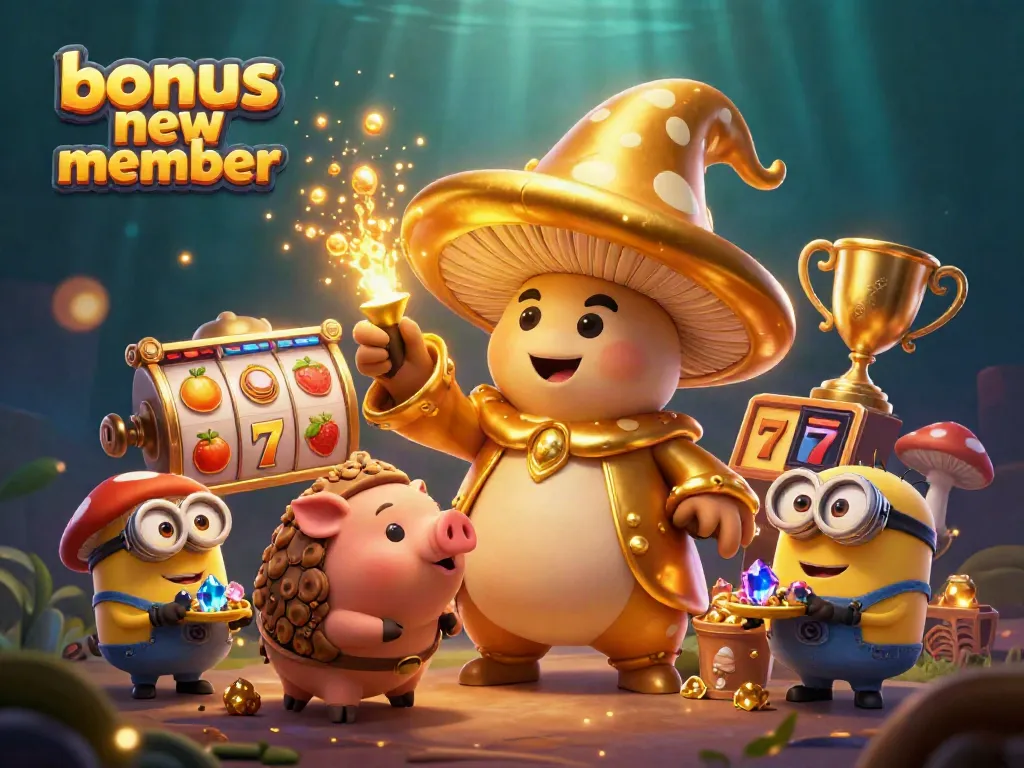 Experience the thrill of winning with the "bonus new member" offer in this vibrant slot gaming scene, showcasing magical golden characters.