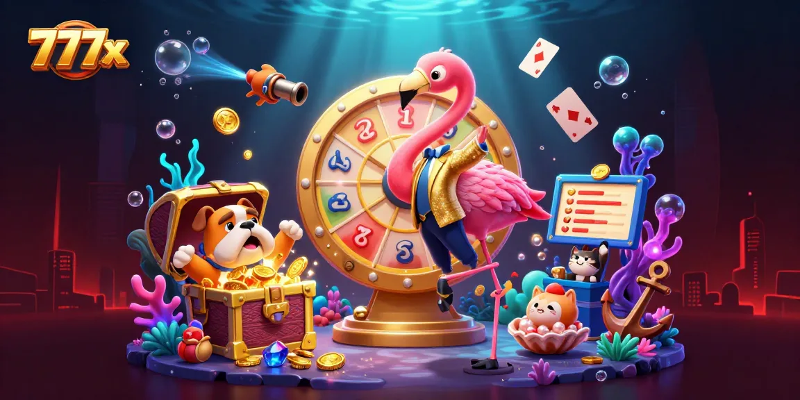Engage with 777x as a cartoon flamingo spins a golden prize wheel in a vibrant casino scene.