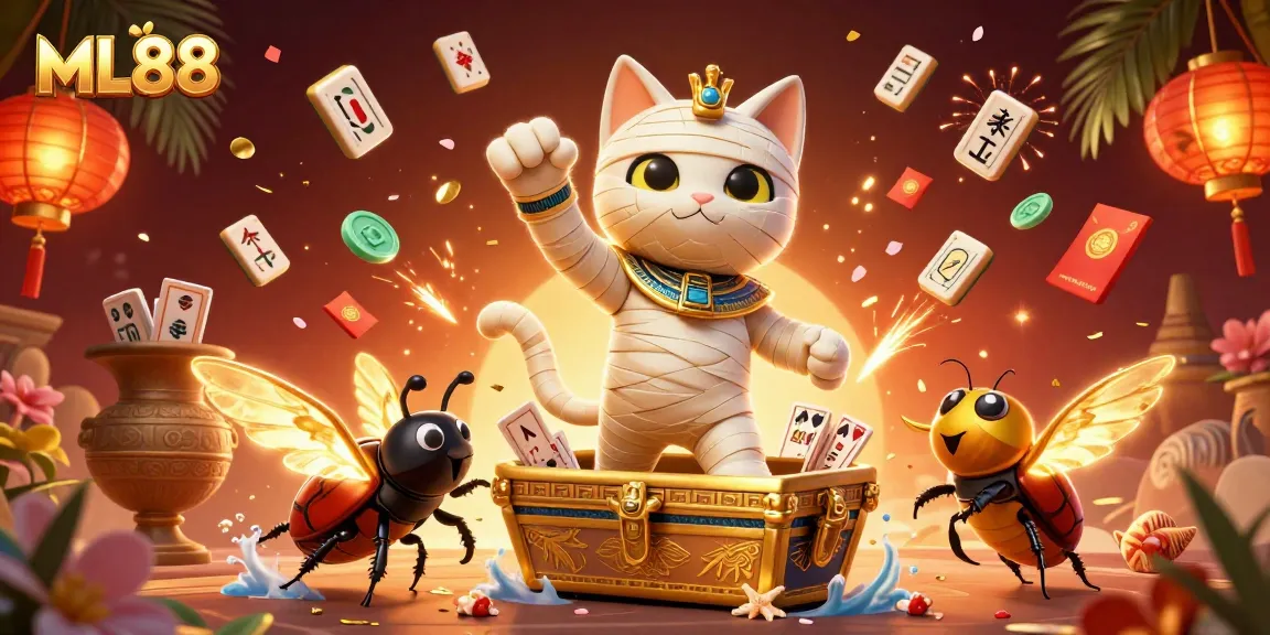 Experience vibrant gaming with ML88's Egyptian theme, featuring a mummy cat and golden treasures.