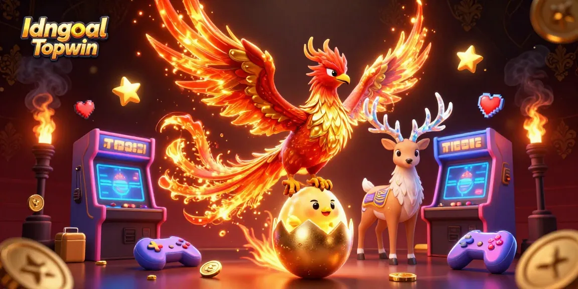 Experience the excitement of Idngoal Topwin with a vibrant 3D illustration showcasing dynamic casino elements and characters.