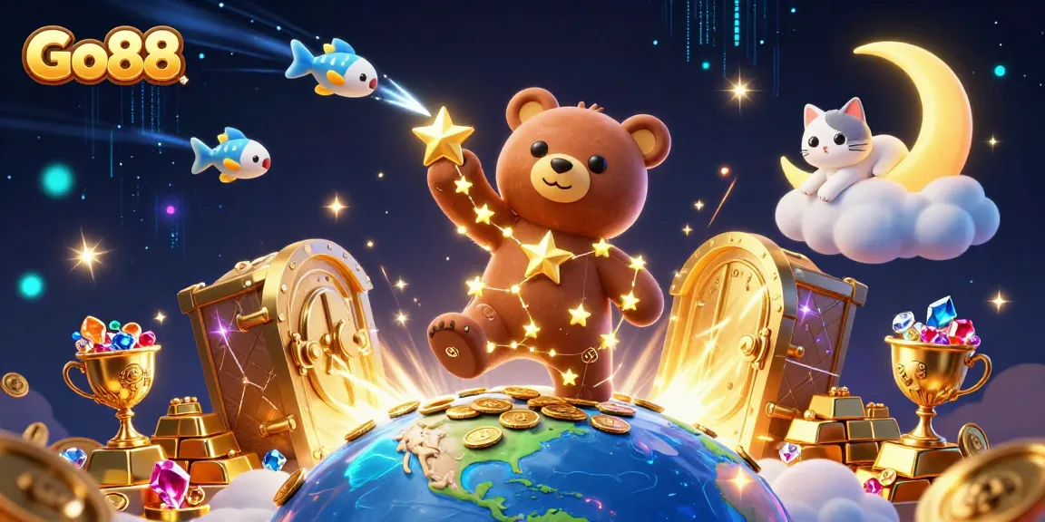 Win big with Go88 in a vibrant casino scene featuring stellar characters and treasures.