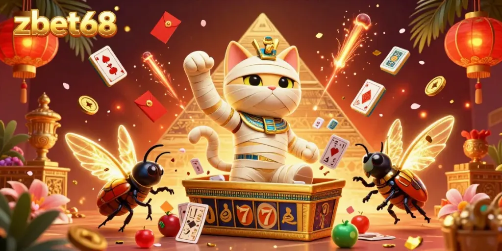 Engage with zbet68 in a vibrant 3D casino scene featuring a cartoon mummy cat and glowing scarab, surrounded by casino elements.