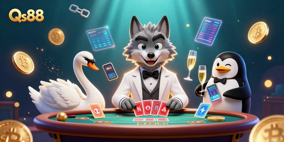 Experience the thrill at Qs88 casino with vibrant 3D illustrations of unique game characters and crypto elements.