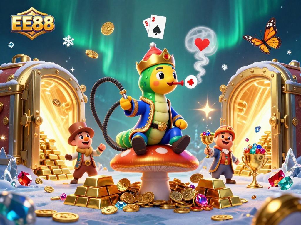 Engage in EE88's vibrant casino world featuring a whimsical caterpillar and treasures.