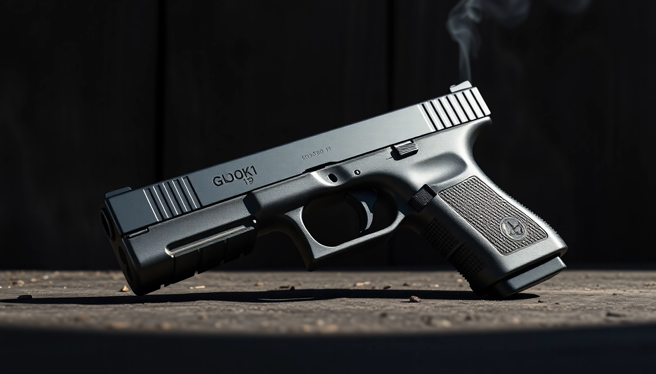 Showcasing detailed glock 19 slides against a dark wood backdrop with metallic finish.