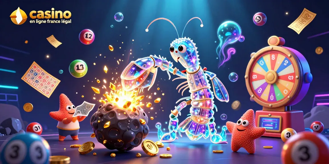 Visualisez l'animation d'un samouraï mantis shrimp du casino en ligne France légal, entouré de jeux colorés.