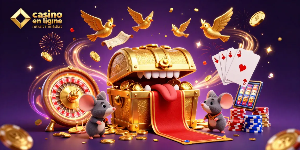 Célébrez vos gains avec un casino en ligne retrait immédiat, entouré de trésors et d'effets lumineux.