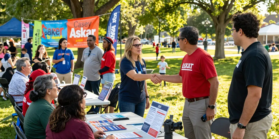 Casey Askar engaging with voters at a community event, showcasing grassroots politics.