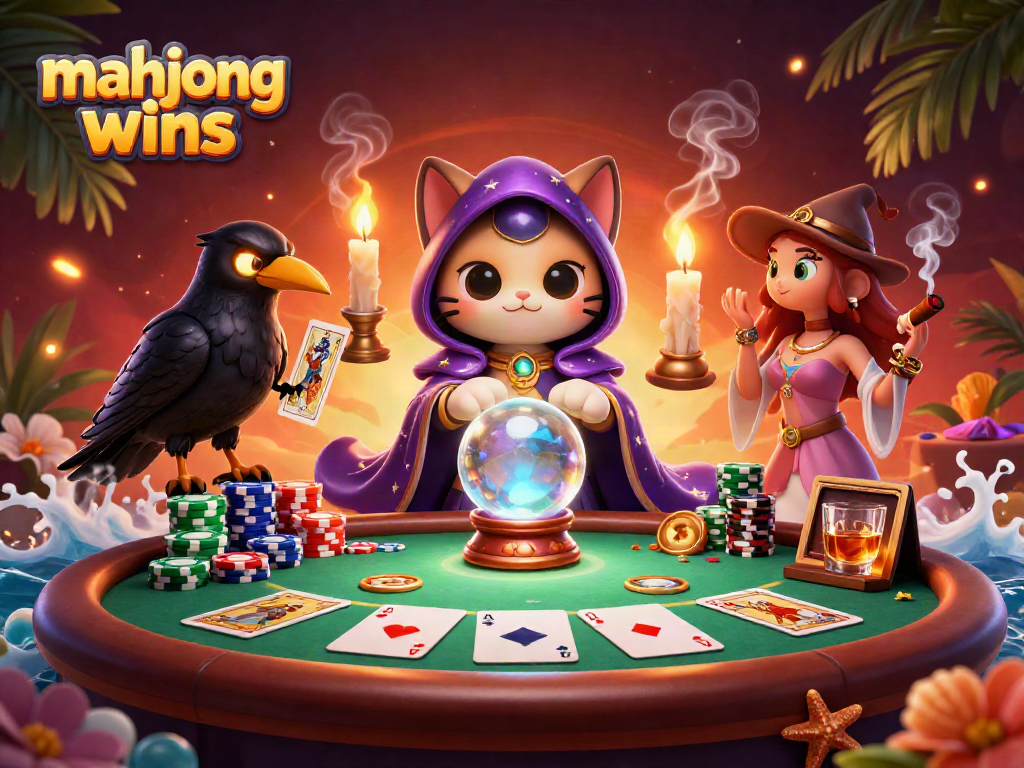 Experience mahjong wins with a vibrant scene of fortune teller, raven, and poker elements.