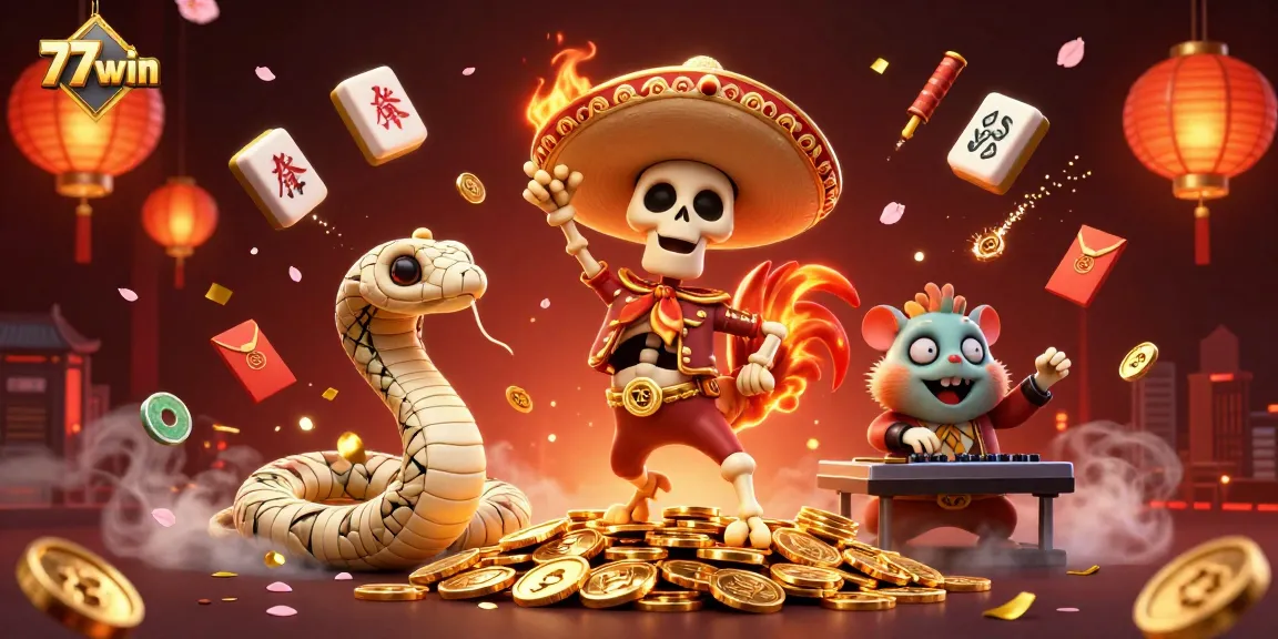 Experience the excitement of 77win with vibrant characters celebrating amidst casino elements.