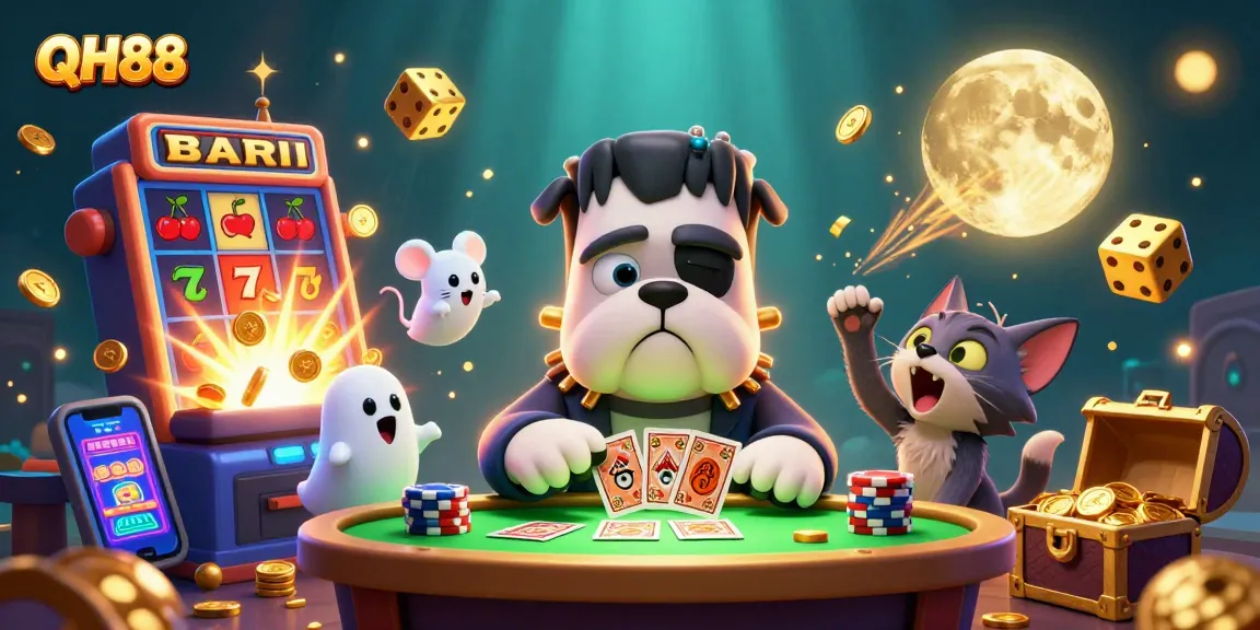 Experience the excitement at QH88 with a lively casino scene featuring thrilling game elements.
