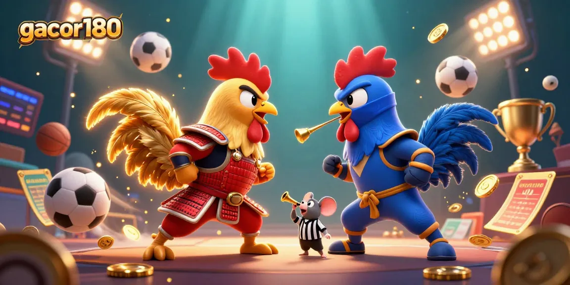 Gacor180 menampilkan dua ayam bertarung dalam standoff dramatis di arena, dikelilingi elemen permainan.