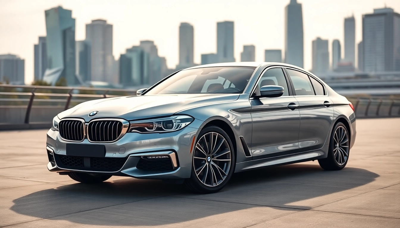 Showcase a Luxury BMW car enhancing urban sophistication with its sleek design and chrome accents.
