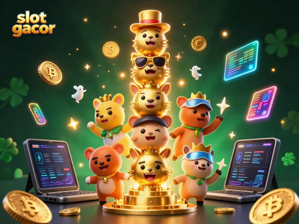 Experience the thrill with slot gacor themed 3D illustration featuring vibrant characters and digital currencies.
