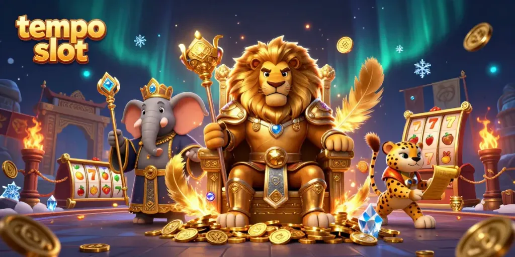 Menggandeng tempo slot, singa raja 3D bersemayam di singgasana koin emas dikelilingi slot reels, koin emas, dan unsur perjudian.