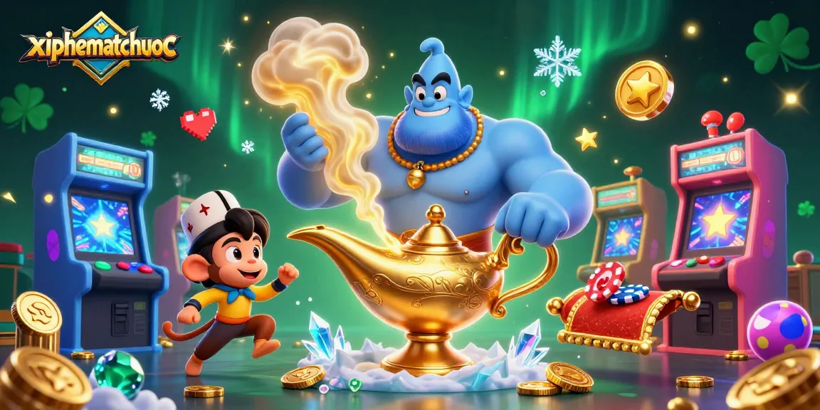 Experience the thrill of xiphematchuoc with a magical genie, monkey, and casino elements in a dynamic 3D scene.