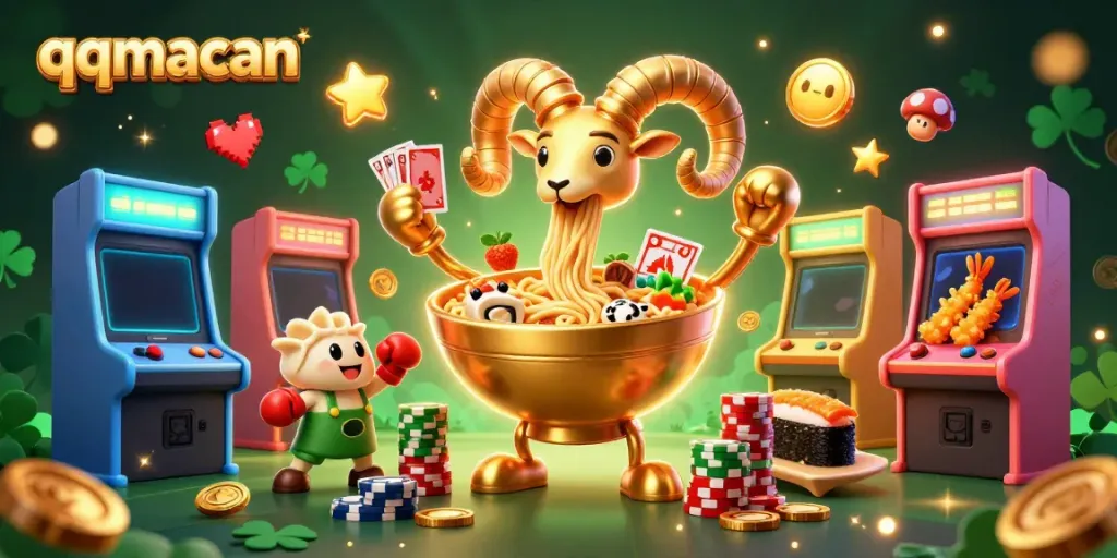 Experience a colorful and dynamic qqmacan scene with a giant ramen bowl and playful casino characters in action.
