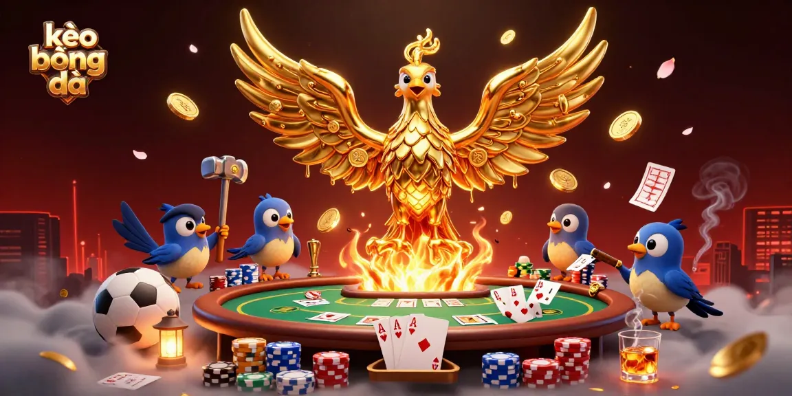 Engage with kèo bóng đá through a vibrant scene featuring a golden phoenix amidst sports betting elements.