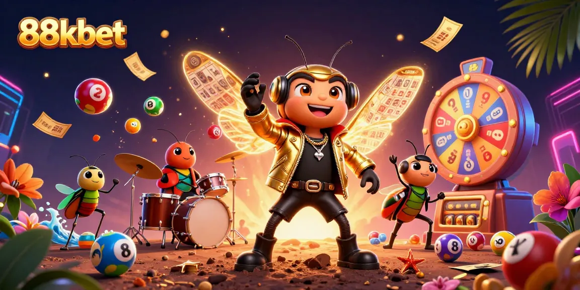 Exciting 88kbet casino promotion scene with lottery elements and vibrant 3D characters.