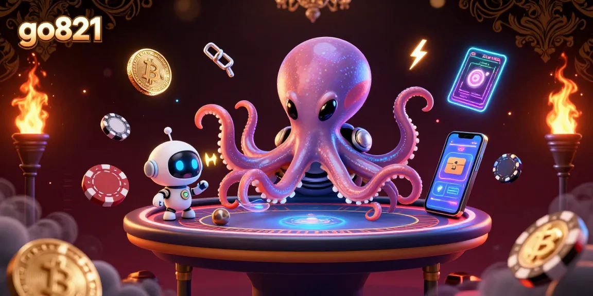 Engage with go821 for thrilling betting as a cartoon alien octopus hosts a holographic poker table.