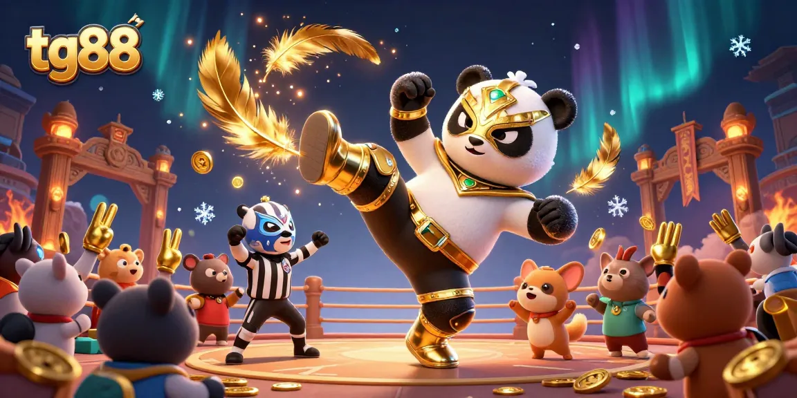 Join the excitement at tg88 with a flying panda wrestler and animal fans celebrating in a vibrant gaming arena.