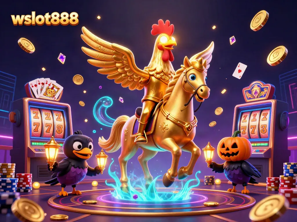 Memenangkan jackpot wslot888 dengan simbol buah dan koin berkilau di latar belakang kasino malam.