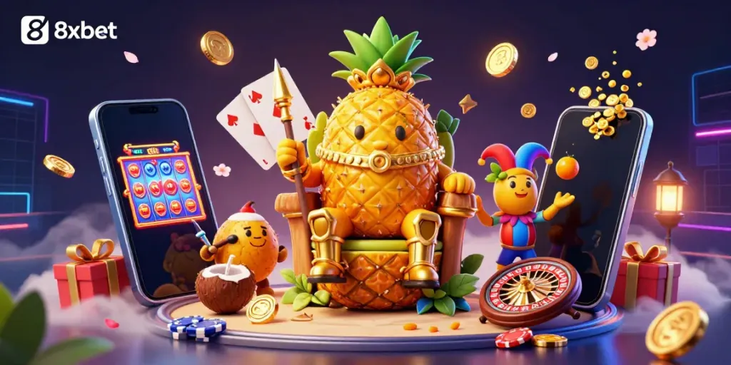 Experience the vibrant world of 8xbet with dynamic casino characters and gaming elements.