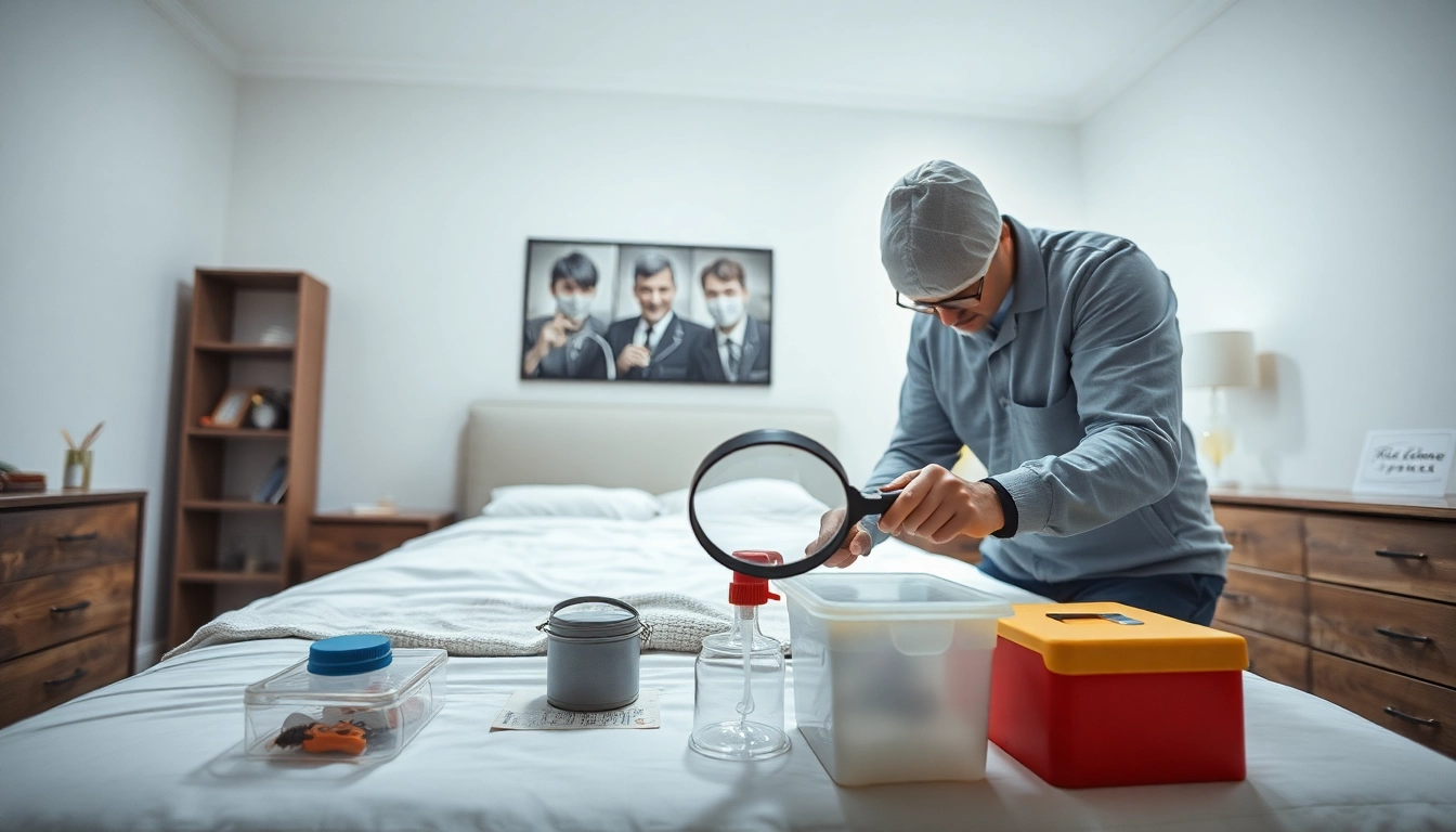 Bed bug removal process being conducted by a professional pest controller inspecting furniture.