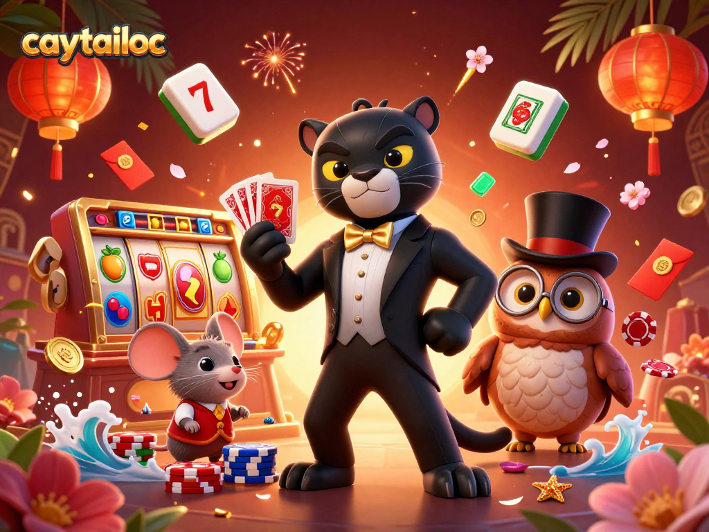 Experience the thrill of caytailoc with a stylish panther, owl, and charming mouse dealing cards and poker chips.