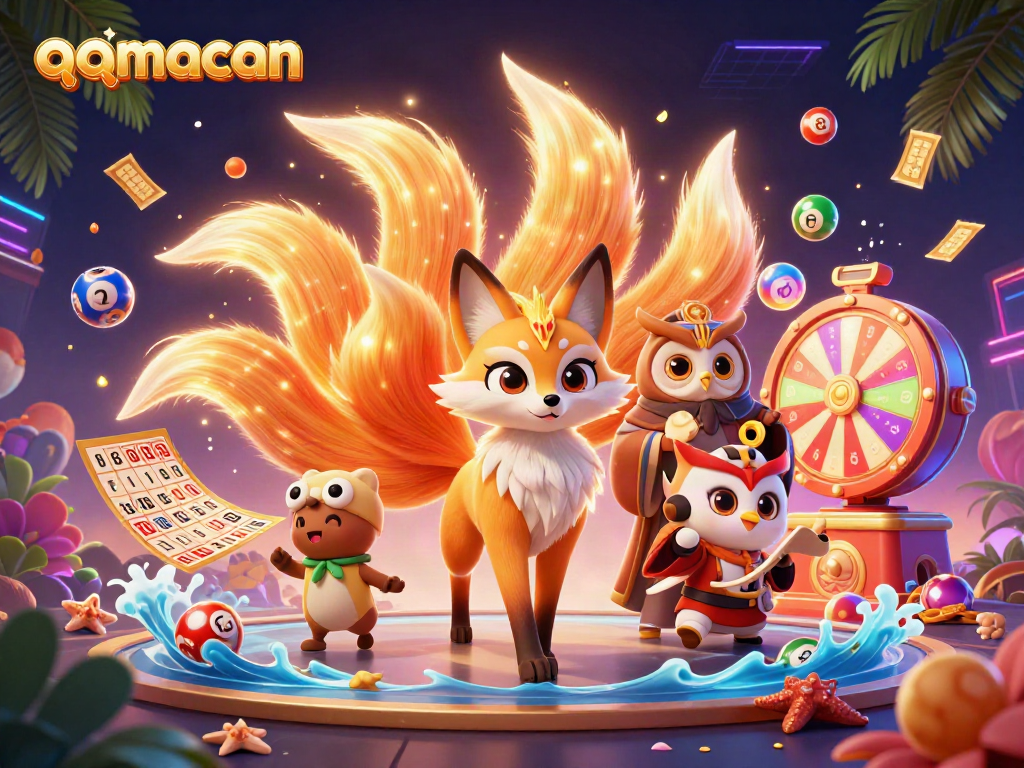 Engage with qqmacan's thrilling lottery experience amidst floating colorful game elements.