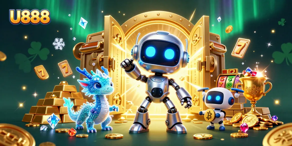 Engage with U888's thrilling slots featuring a cyberpunk mascot and digital dragon amidst golden treasures.