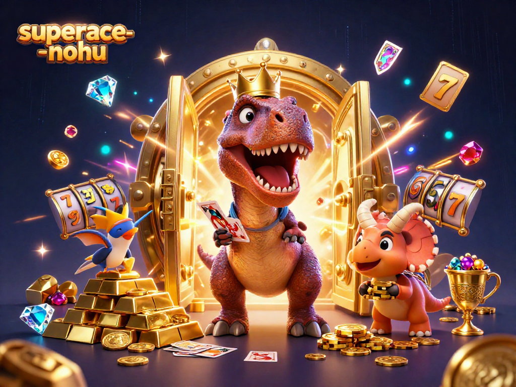 Experience thrilling gameplay with superace-nohu featuring a T-Rex shuffling cards and vibrant casino elements.