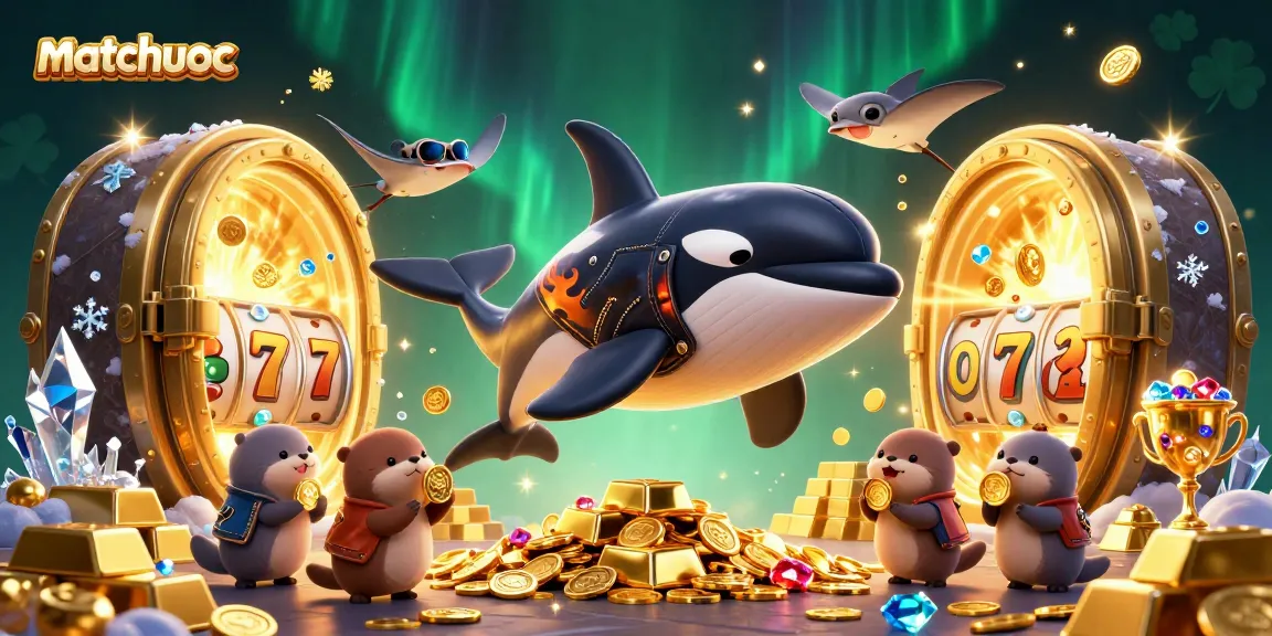 Engage in thrilling matchuoc gaming amidst vibrant 3D underwater characters, gold treasures, and slot reels.